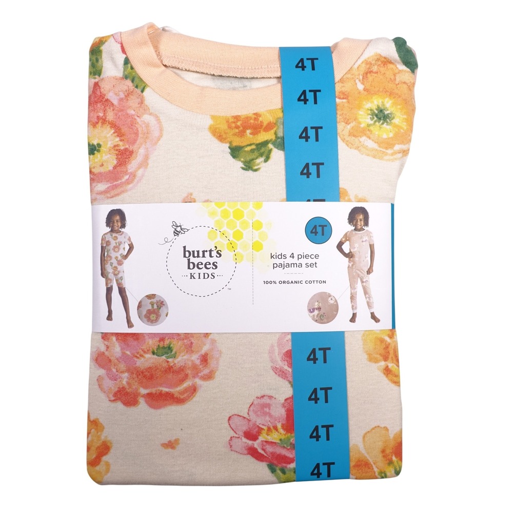 Burt's Bees Kids 4 Piece Pajama Set 4T Organic Cotton Floral Llama Orange NEW